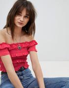 Vero Moda Ruffle Bardot Crop Top - Pink
