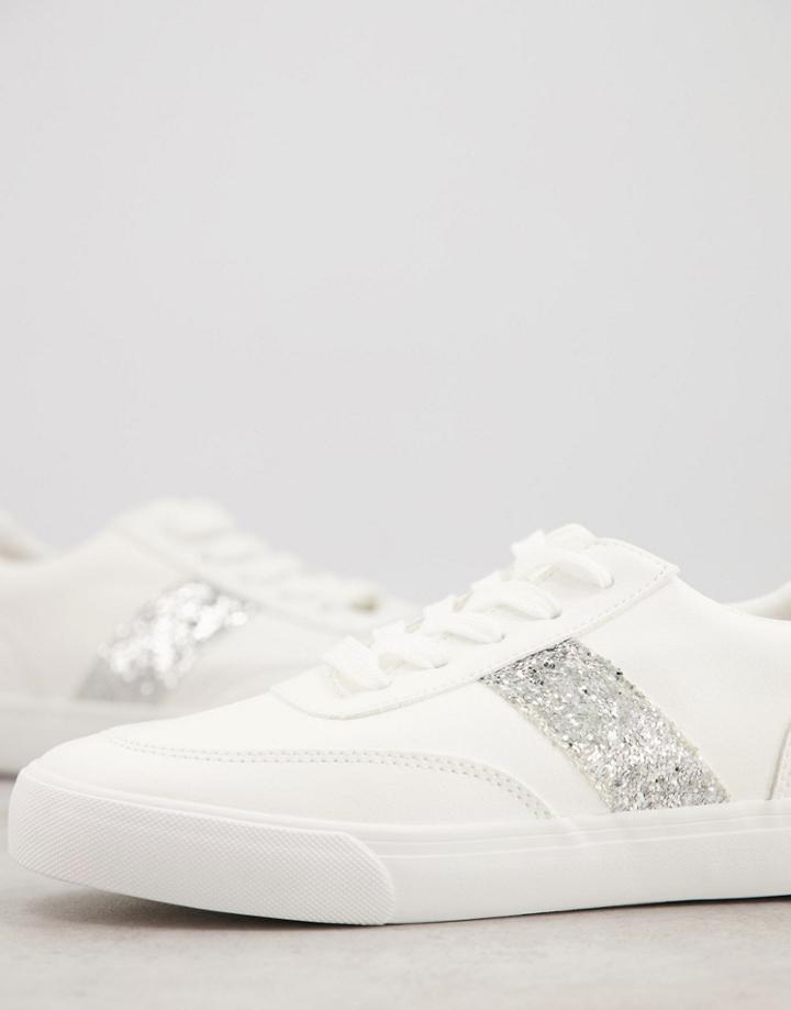 London Rebel Bridal Glitter Side Stripe Lace Up Sneakers In White With Silver