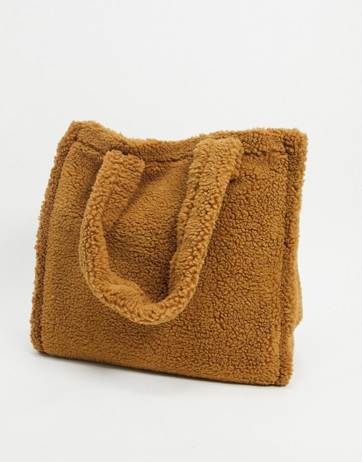 Asos Design Oversized Borg Tote Bag In Brown