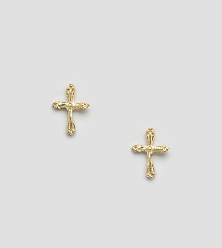 Kingsley Ryan Sterling Silver Gold Plated Ornate Cross Stud Earrings - Gold