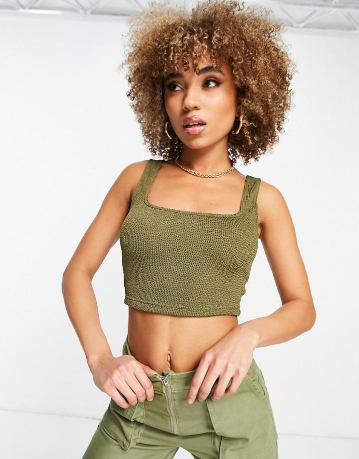Asos Design Tank Top In Crinkle Texture In Khaki-green