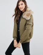 New Look Padded Bomber With Faux Fur Collar - Green