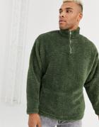 Asos Design Oversized Half Zip Track Neck Sweatshirt In Green Borg