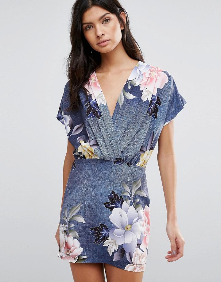 Liquorish Oversized Floral Print Wrap Front Mini Dress - Blue