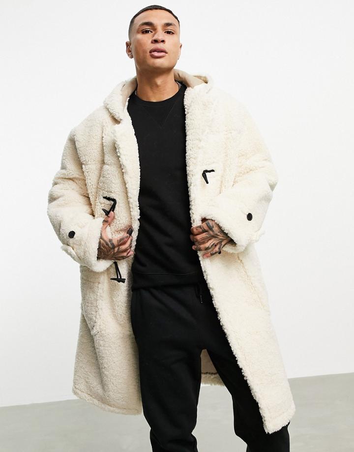 Topman Sherpa Duffle Coat With Hood In Cream-white