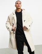Topman Sherpa Duffle Coat With Hood In Cream-white