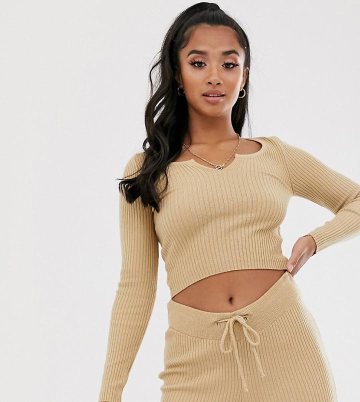 Asos Design Petite Rib Knit Two-piece Top With Notch Neck Detail-stone