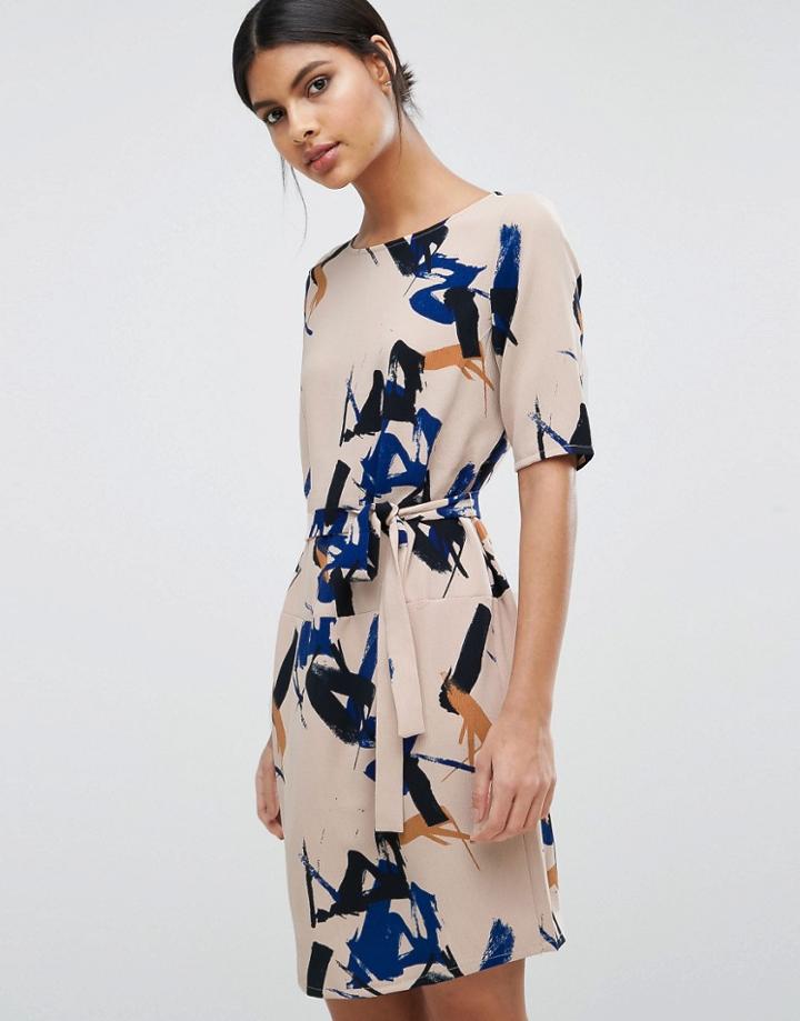 Selected Printed Dress In Brush Stroke Print - Multi