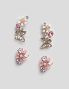 Asos Design Pack Of 2 Stud Earrings With Butterfly And Floral Design In Gold - Gold
