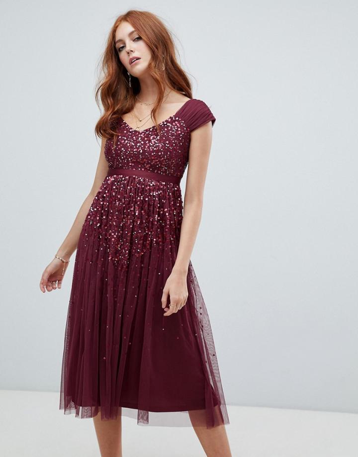 Amelia Rose Embellished Ombre Sequin Midi Dress With Cami Strap In Berry - Red