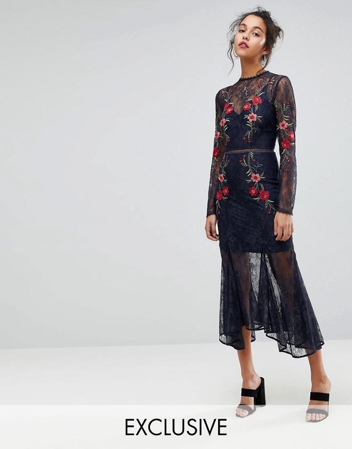 Keepsake Embroidered Lace Gown Dress - Navy