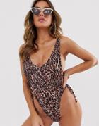 Motel High Leg Scoop Swimsuit With Tie Side Detail In Leopard Print-multi