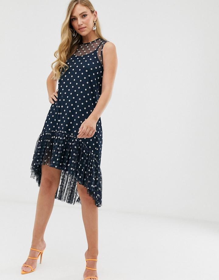 Lace & Beads Shift Dress In Spotty Mesh In Navy - Navy