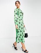 Asos Design Keyhole Midaxi Dress With Contrast Binding In Green And Black Daisy Print-multi
