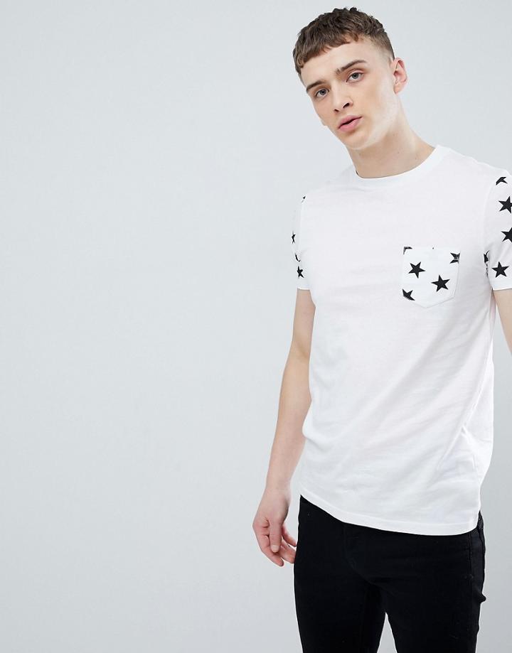 Asos Design T-shirt With Star Print Sleeves And Pocket - White
