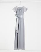 Little Mistress Bridesmaid Chiffon Maxi Dress With Cap Sleeve And Key Whole In Gray-grey