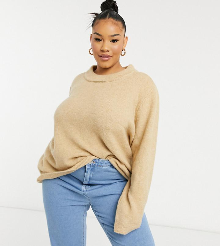 Asos Design Curve Oversized Sweater With Crew Neck In Camel-neutral