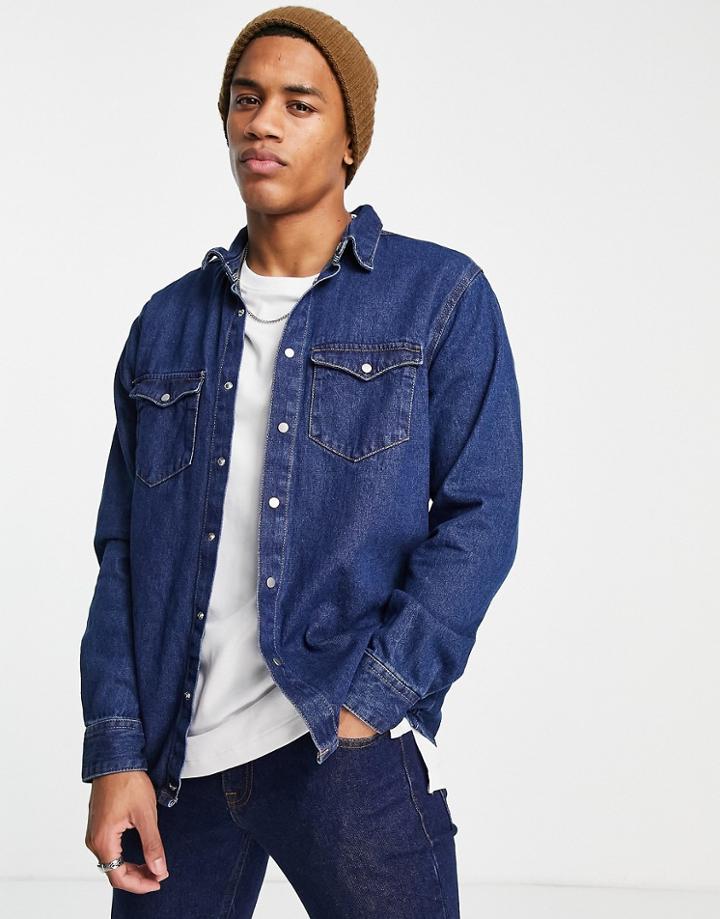 Threadbare Long Sleeve Denim Shirt In Washed Blue-blues