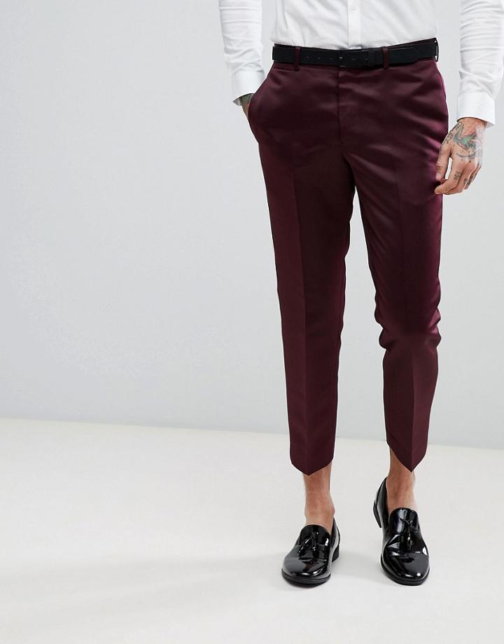 Asos Slim Tuxedo Suit Pants In Burgundy Sateen - Red