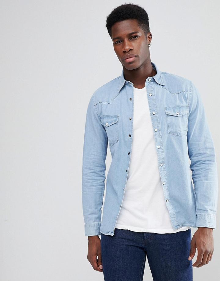 Mango Man Western Denim Shirt In Light Wash - Blue