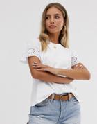 Asos Design T-shirt With Broderie Sleeve In White