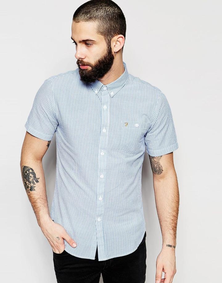 Farah Shirt With Seersucker Stripe Slim Fit Short Sleeves - Sky