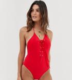 Miss Selfridge Swimsuit With Lace Up Front In Red - Red