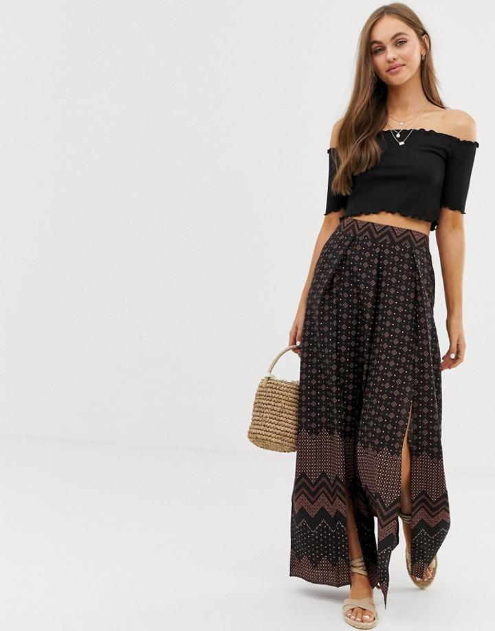 Brave Soul Liana Wide Leg Pants In Border Print - Black