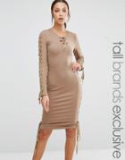 True Decadence Tall Lace Up Plunge Bodycon Pencil Dress - Taupe