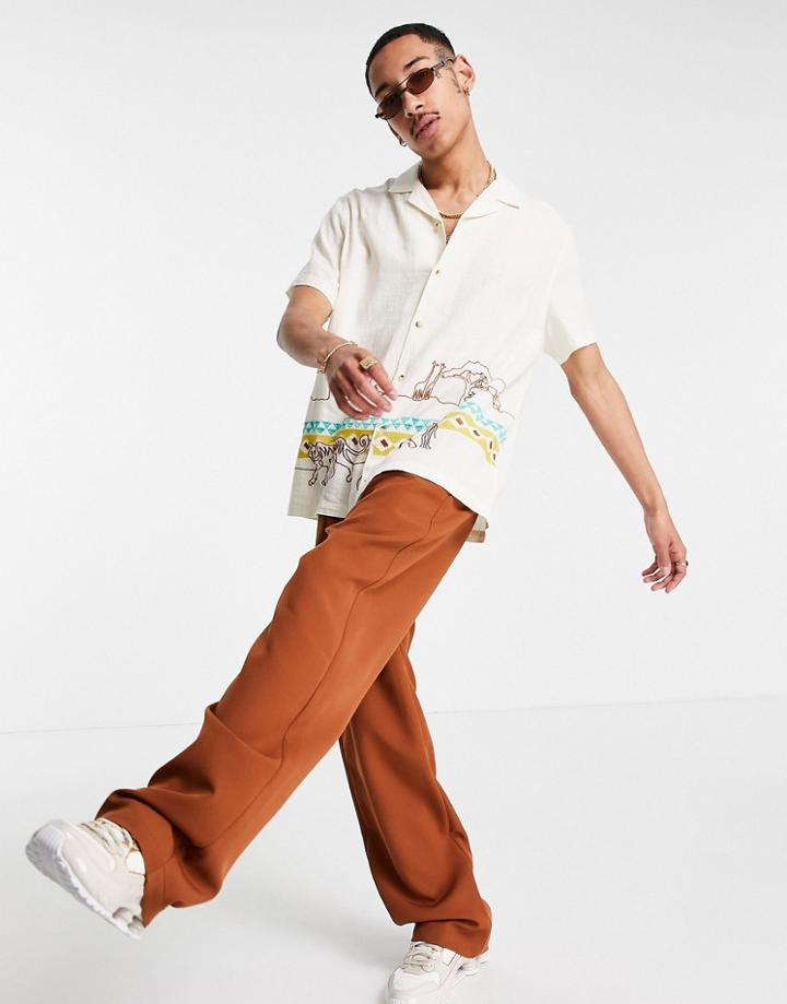Asos Design Relaxed Revere Shirt With Animal Embroidery In Textured Cotton-white