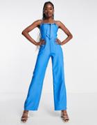 Little Mistress Tie Front Jumpsuit In Blue