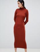 Asos Design Midi Dress With High Neck In Rib - Red