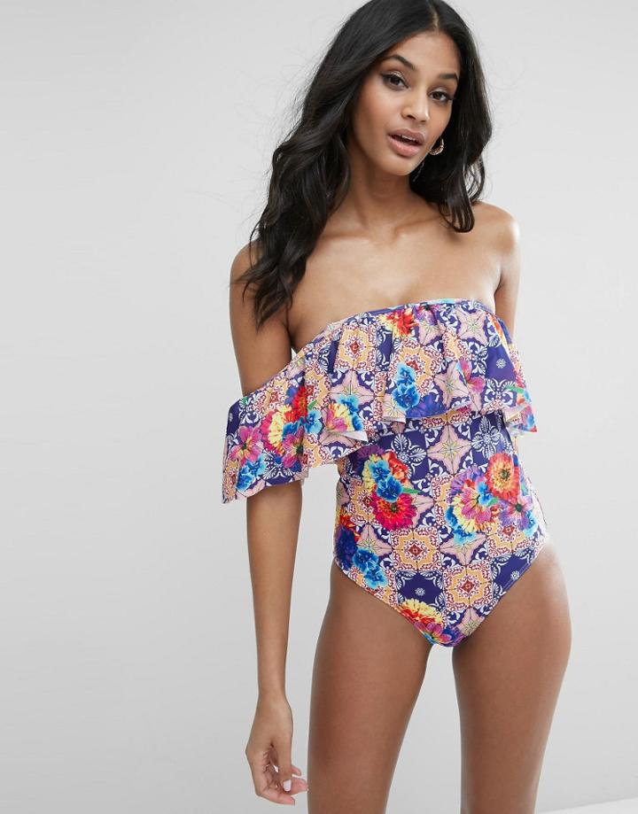 Asos Fuller Bust Mexican Floral Tile Print Frill Swimsuit Dd-g - Multi