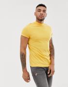 Asos Design Short Sleeve T-shirt With Roll Sleeve & Turtleneck In Yellow - Yellow