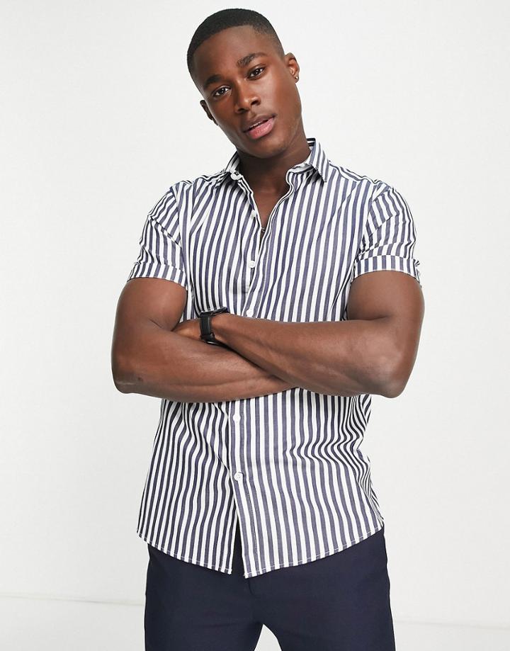 Topman Smart Short Sleeve Slim Shirt In Navy And White Stripe