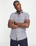 Topman Smart Short Sleeve Slim Shirt In Navy And White Stripe