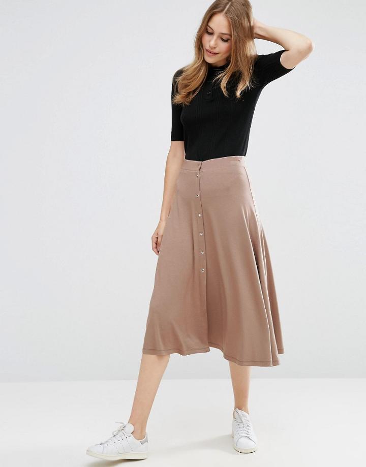 Asos Midi Skater Skirt With Poppers - Brown