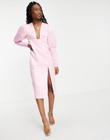 Collective The Label Oversized Sleeve Plunge Midi Dress In Pink