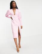 Collective The Label Oversized Sleeve Plunge Midi Dress In Pink