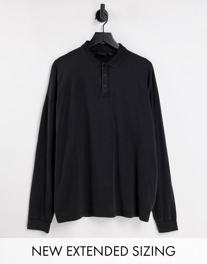 Asos Design Oversized Long Sleeve Polo T-shirt In Washed Black