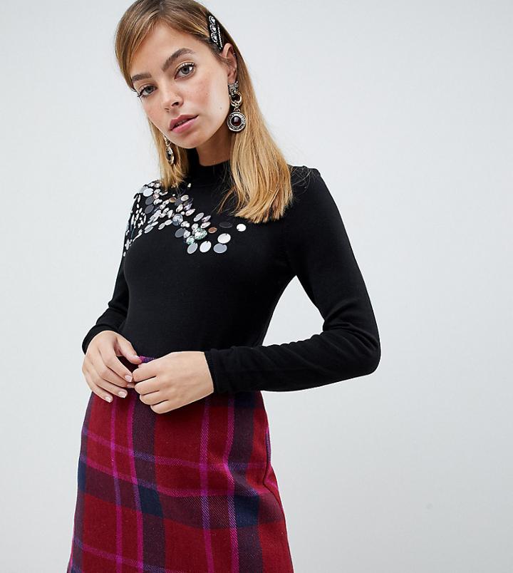 Lost Ink Petite Sweater With Mixed Sequin Embellishment In Fine Knit - Black