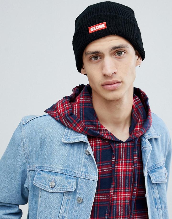 Globe Knitted Beanie With Logo Patch In Black - Black
