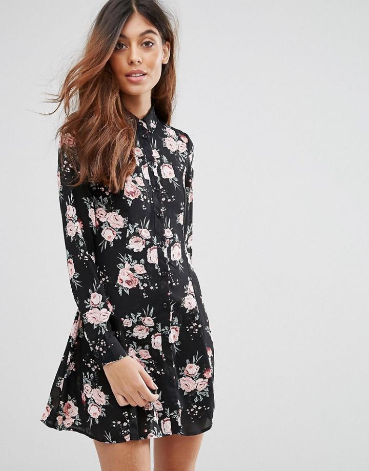 Qed London Floral Shirt Dress - Black
