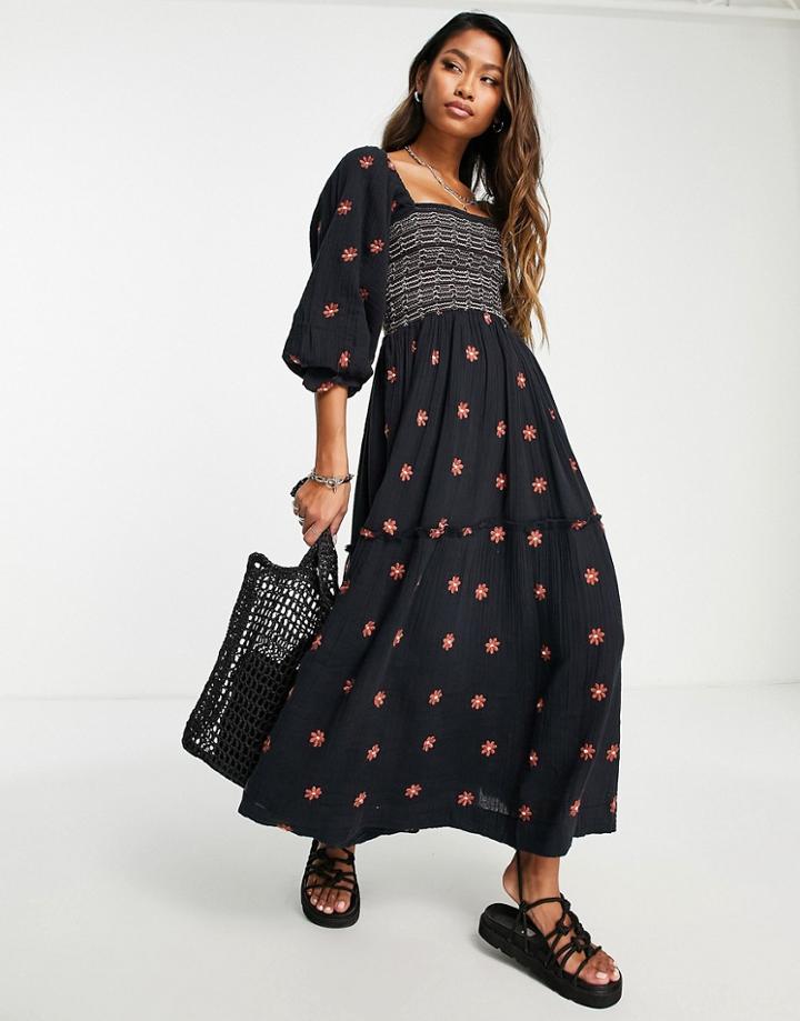 Free People Dahlia Embroidered Smocked Midi Dress In Black