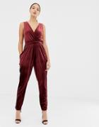 Asos Design Sleeveless Wrap Jumpsuit In Velvet-pink