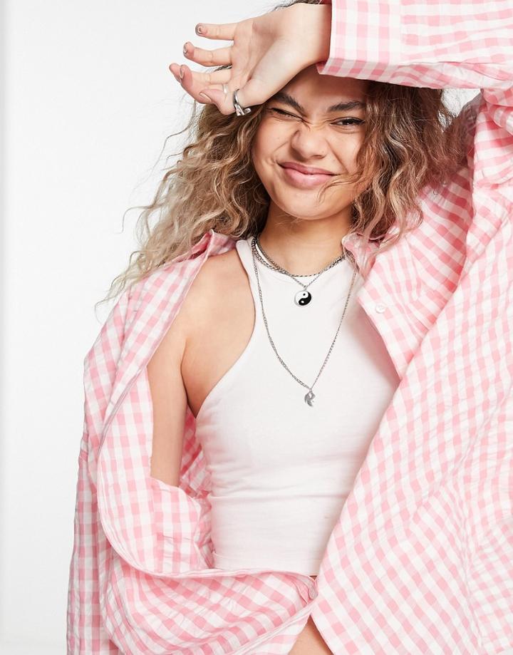Topshop Textured Gingham Oversized Shirt In Pink