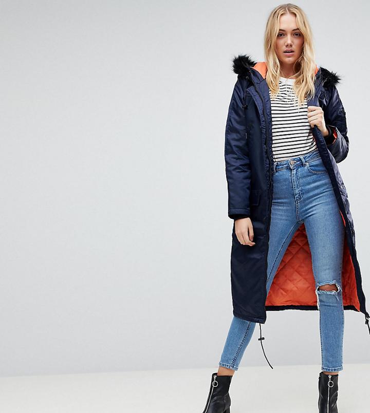 Brave Soul Tall Full Moon Maxi Parka Coat - Navy