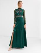 Frock & Frill Embroidered Long Sleeve Maxi Dress-green