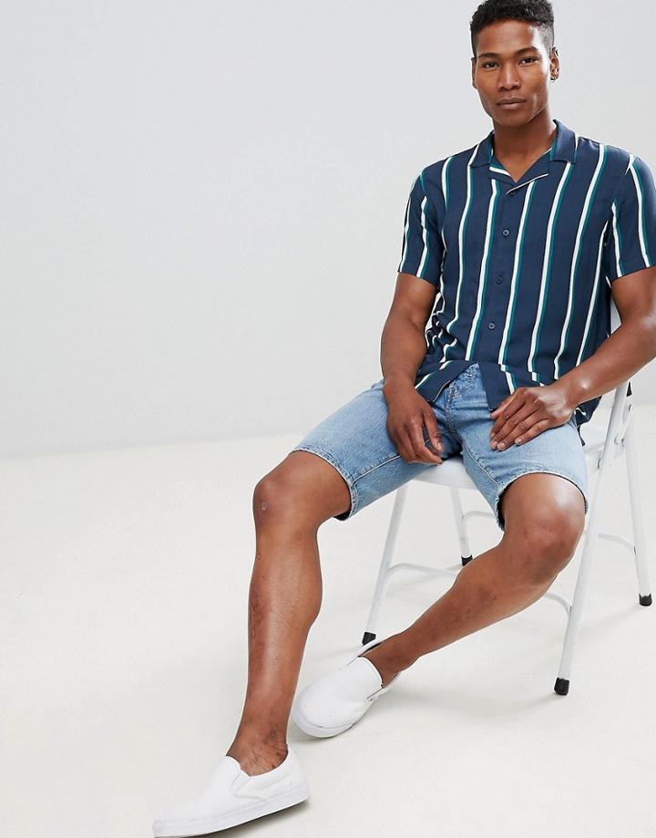 Pull & Bear Striped Shirt With Revere Collar In Navy - Navy