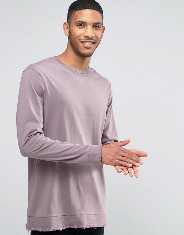 Asos Longline Long Sleeve T-shirt With Distressed Hem Panel - Purple